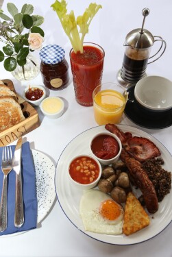 Full English breakfast, cafetière coffee, bloody Mary