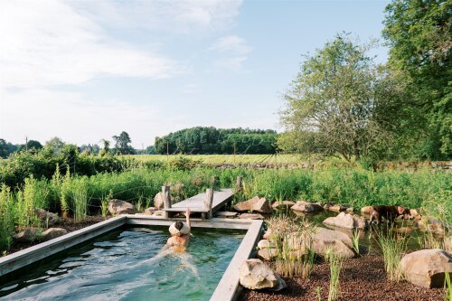 The wood-lined saltwater pool