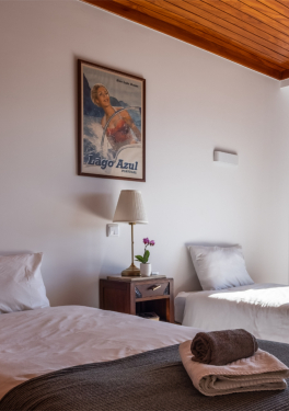 Room with two single beds and balcony over the lake
