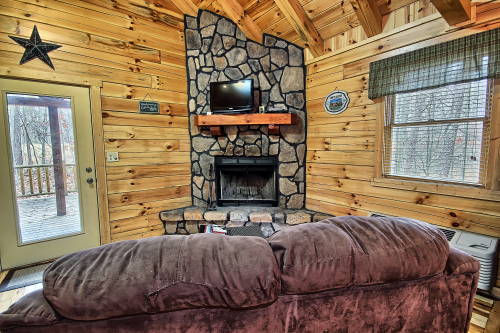 View  of Wood-Burning Fireplace and TV Screen (No TV access. Bring DVD's), from behind Loveseat