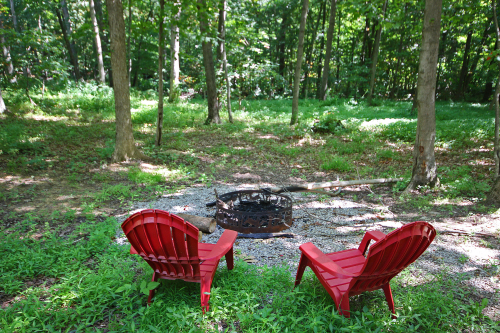 Couple's Fire Pit area, with wooded land beyond