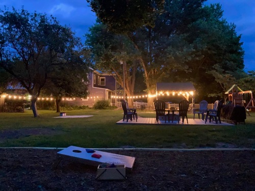 Backyard FUN yard lit up at night! 