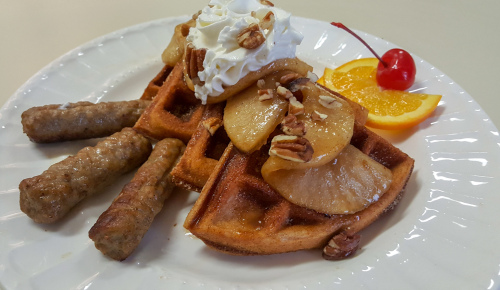 Apple Spiced Belgium Waffles topped Caramelized Apples