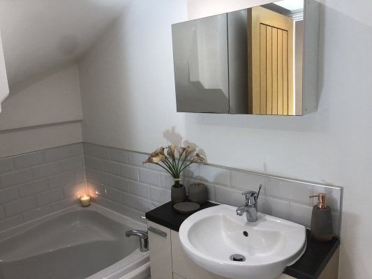 Family bathroom with corner bath and separate shower cubicle