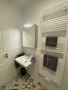 Bad mit Handtücher, Fön und Pflegeprodukten