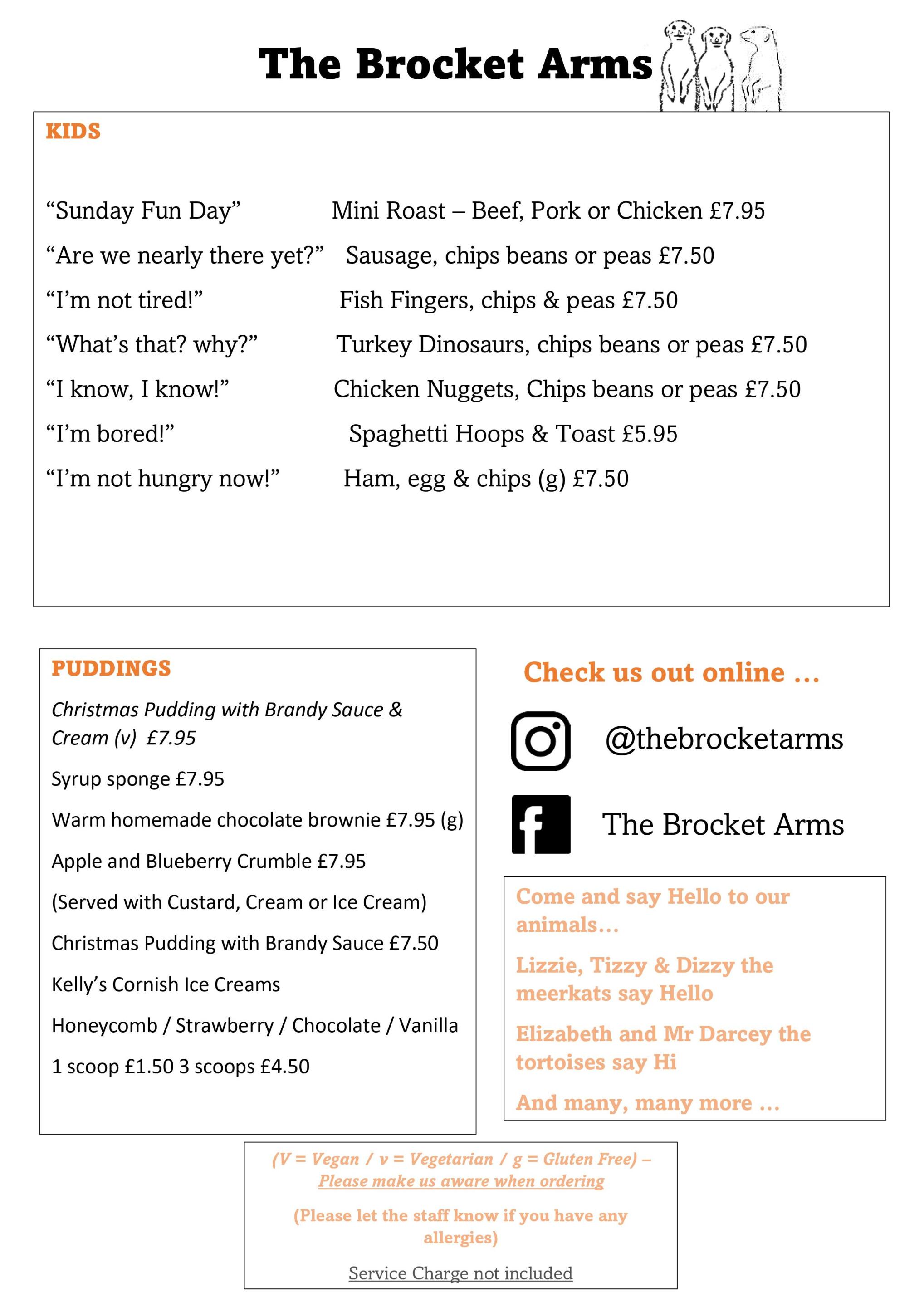 Sunday Menu - Kids and Puddings