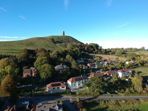 Aerial shot of Little Orchard on Southern Slopes of Glastonbury Tor