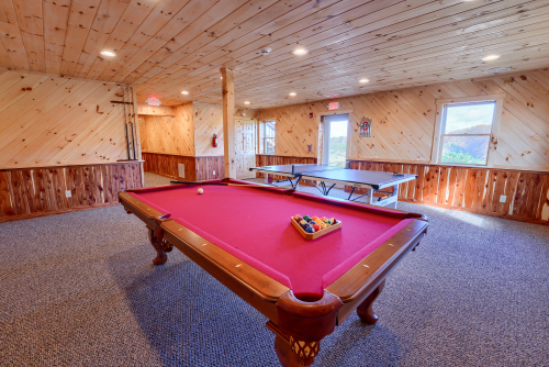 Closeup of Pool Table, with Ping Pong Table beyond, Lower Level, Sunset View Lodge