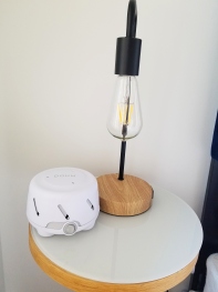 Touch lamps and a Dohm sound machine in the bedroom 