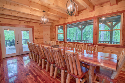 Closeup of long cedar Table and Chairs, Dining Room, Rustic Cedar Inn 