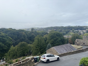 Please park where the white car is parked.