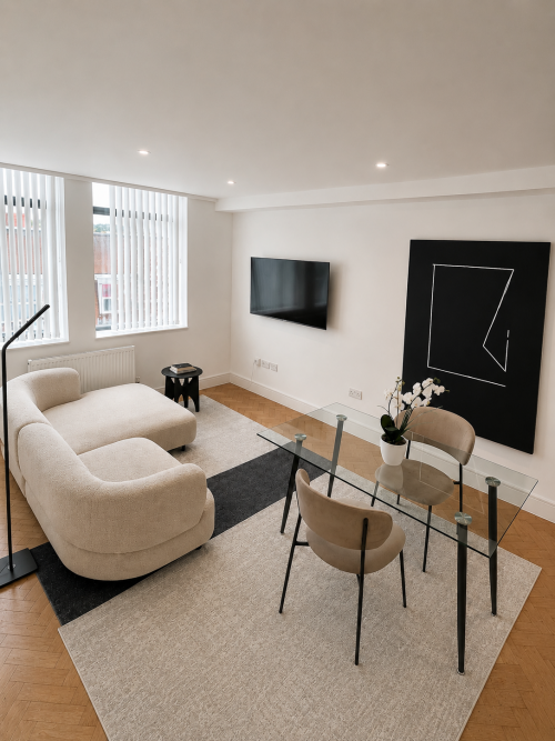 A beautifully designed and comfortable living area featuring a plush sofa and Netflix access — the perfect space to relax, unwind, and enjoy your favourite shows.