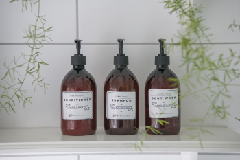 beautiful, hand poured conditioner, shampoo and body wash to use during your stay. 