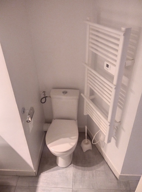 toilettes et sèche serviettes dans la salle d'eau