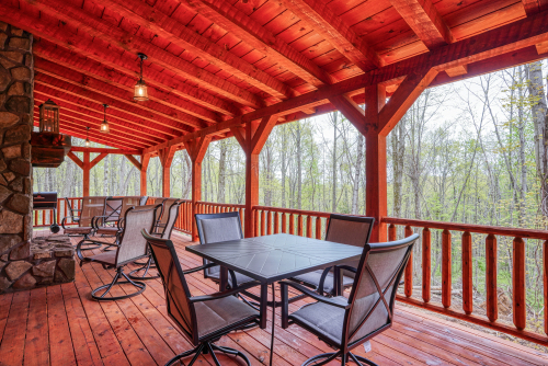 Outdoor Dining Tables, Outdoor Wood-Burning Fireplace and Chairs, Main Back Deck,, Jackson's Luxury Hideaway