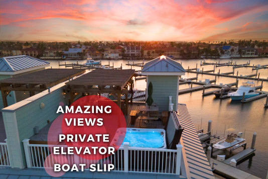 Rooftop w/ spa, kitchen, lounge area, covered pergola