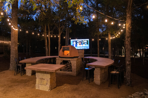 Wood Fire Pizza Oven and Meeting Area with 70 inch TV and Surround Sound