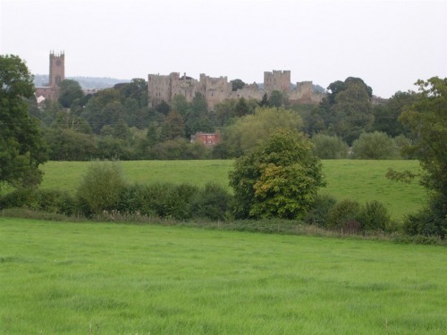 View over the fields with the hotel, church and Ludlow Castle in the distance