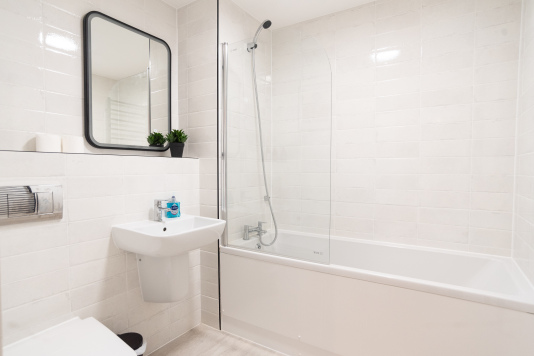 Modern master bathroom with bath, shower and complimentary toiletries.