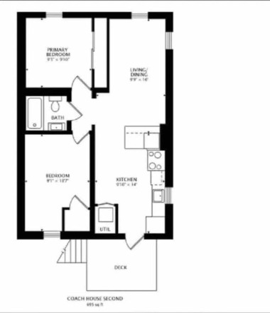 This thoughtfully designed layout features two bedrooms, a living/dining area, a modern kitchen, and a deck. A full bath and utility space ensure comfort. You can easily reference this layout for a seamless and enjoyable stay.