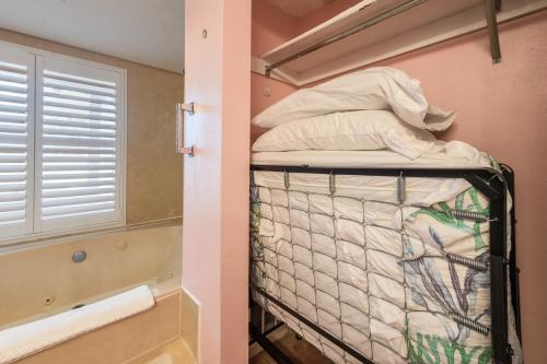 Rollaway is kept in the primary suite closet (it is kept made up with 2 pillows and a quilt (ready to open up and use) we recommend wheeling it into the living area between the dining table and the kitchen