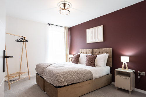 Stylish bedroom with zip-and-link king bed that can be arranged as twins.