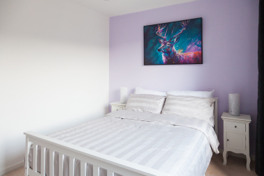 Another viewe of the 2nd bedroom with the light purple feature wall