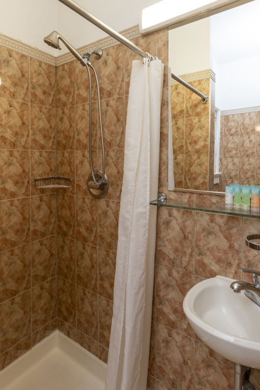 A bathroom with a shower, sink, and mirror