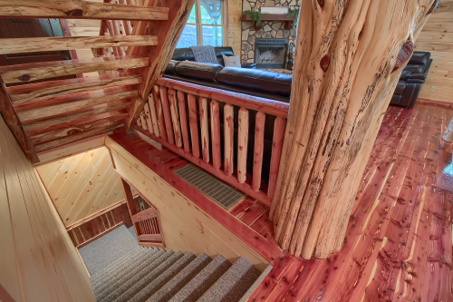 Top of Lower Level Stairs, under Loft Level Stairs, from Kitchen, Main Level, Rustic Cedar Inn 