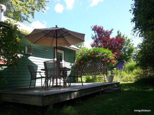 the backyard deck with dining and trumpet flowers at the Wintergreen Cottage