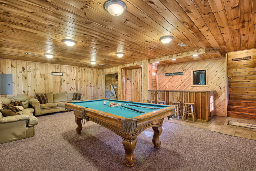 Pool Table, looking toward Bar, 2 Log Bunks (not shown) , instead of couches, Lower Level, Rocky View Lodge