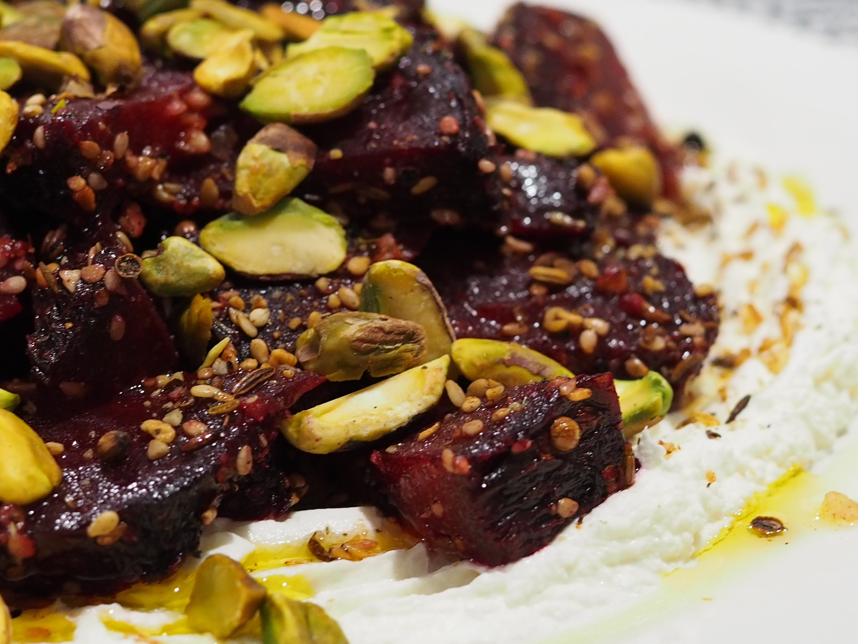 Labneh with Roasted Beetroot, Pistachios and Dukkah