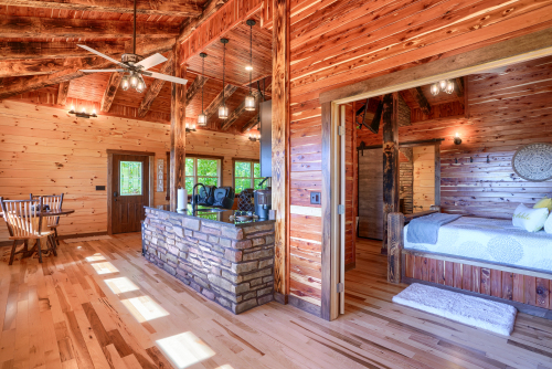 Dining Area, Kitchen, Bedroom and Bath, from Northeast Corner,Soaring Eagle Luxury Treehouse