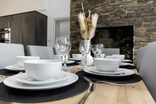 Beautifully Set Dining Space - Elegant table setting with all dinnerware and glassware provided. Ideal for entertaining, celebrations or cosy nights in. Ask us about private chef services