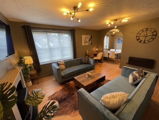 Living area with flat screen TV and fireplace