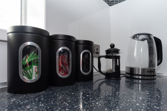 Tea, coffee, and sugar provided for every stay, with a kettle, cafetière, and coffee machine ready for your use.