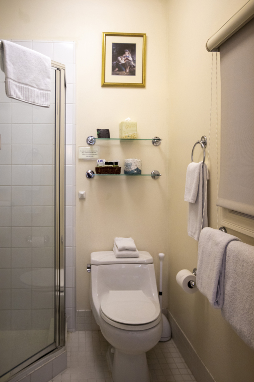A standard bathroom with a toilet, shower, and towels
