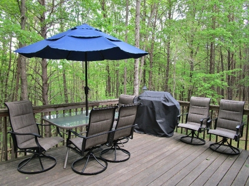 The raised deck has a patio table for 6, bench, propane grill and soft outdoor lighting.