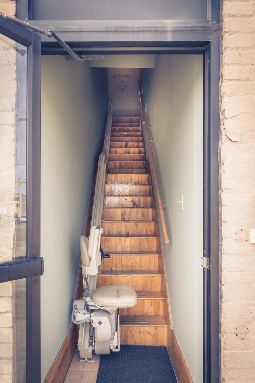 The chair lift is an option if stairs are a challenge. It is also helpful to bring your luggage up.  There is a switch on the arm to ride up or down. 