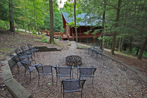 View from Fire Pit, with Chairs for Guests, looking South, toward Double Pine Lodge