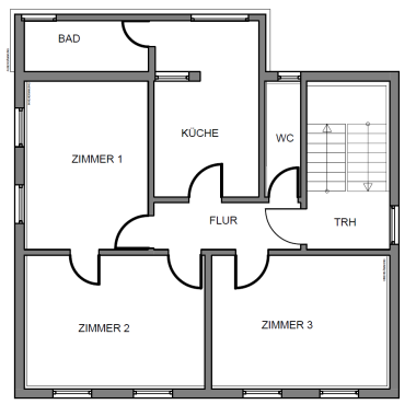 Grundriss der Wohnung mit drei separat begehbaren Zimmern
