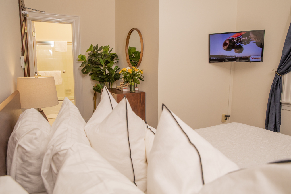 A hotel room with a bed, TV, plants, and a bathroom door.