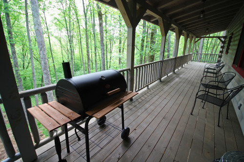 Charcoal Grill, Chairs, along back Deck, Rustic Cedar Inn , looking right