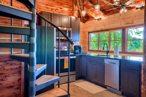 View of Kitchen, from Spiral Staircase, Soaring Eagle Luxury Treehouse