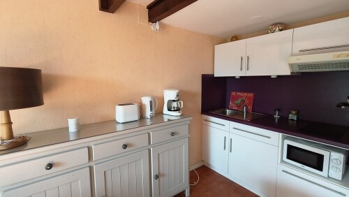 Espace cuisine équipée (micro ondes, grille pains, bouilloire, cafetière filtre, plaque induction)