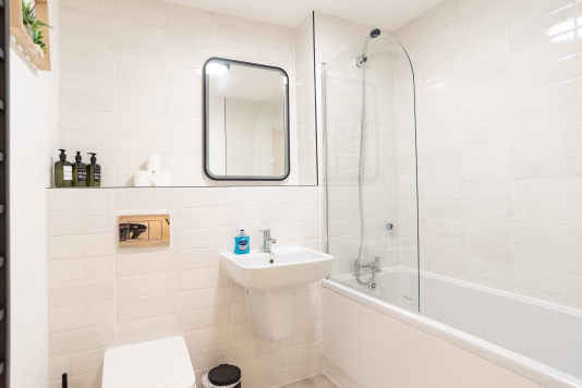 Modern bathroom with bath and overhead shower.