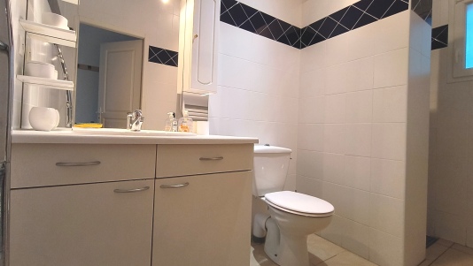 salle d'eau avec meuble vasque, WC, douche