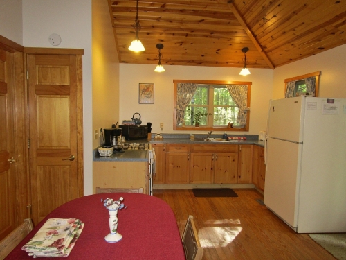 The dining area and kitchen