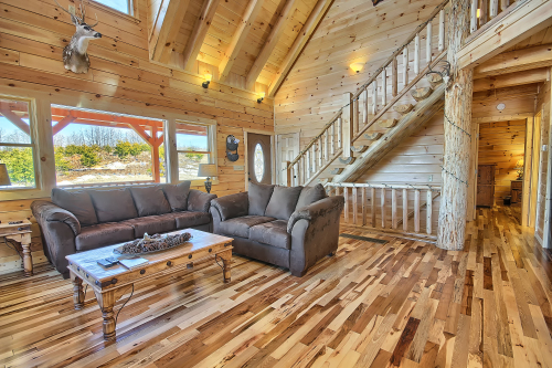 Great Room, Main Floor, toward log stairway