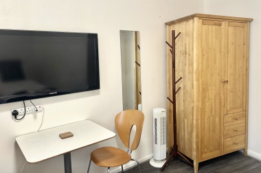 In each room: Microwave, plates, bowls, cutlery, tea, coffee, sugar, biscuits, kettle, mugs, drinking glasses